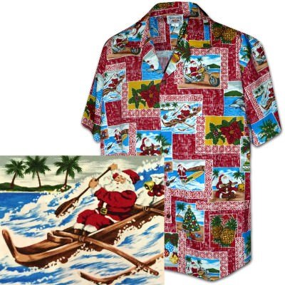 Красная мужская хлопковая гавайская рубашка (гавайка) производства США с сантой Paradise Santa Christmas Hawaiian Shirts, фото