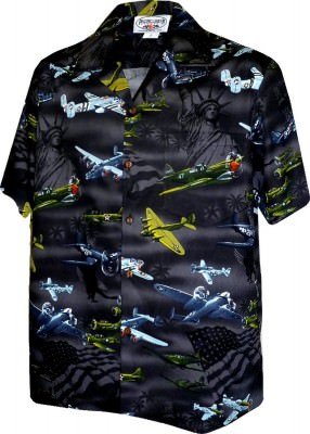 Черная мужская хлопковая гавайская рубашка (гавайка) производства США с самолетами USA Fighter Planes Mens Cotton Shirt, фото