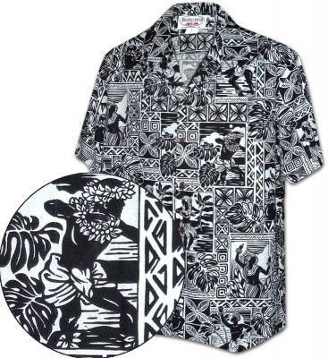 Черная мужская хлопковая гавайская рубашка (гавайка) производства США с цветами гибискуса Hula Blocks Pacific Legend Men's Aloha Shirts, фото