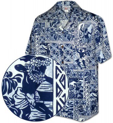 Темно-синяя мужская хлопковая гавайская рубашка (гавайка) производства США с цветами гибискуса Hula Blocks Pacific Legend Men's Aloha Shirts, фото