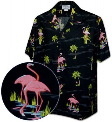 Черная мужская хлопковая гавайская рубашка (гавайка) производства США с цветами розовыми фламинго Flamingo Pacific Legend Men's Tropical Shirts, фото