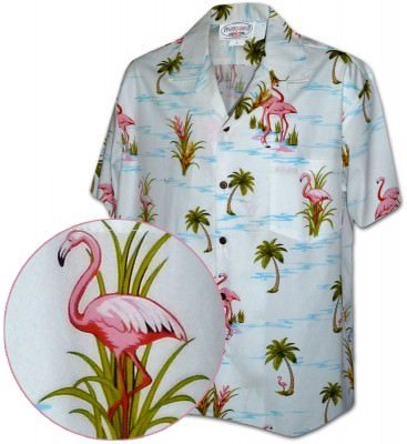 Белая мужская хлопковая гавайская рубашка (гавайка) производства США с цветами розовыми фламинго Flamingo Pacific Legend Men's Tropical Shirts, фото