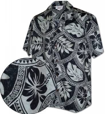 Угольно-черная мужская хлопковая гавайская рубашка (гавайка) производства США с цветами Island Tribal Pacific Legend Men's Tropical Shirts, фото