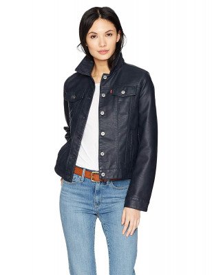 Женская куртка трекер Levi's Women's Classic Faux Leather Trucker Jacket Navy Blue, фото