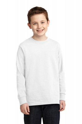 Детская белая американская хлопковая футболка с длинным рукавом Port & Company® Youth Long Sleeve Core Cotton Tee White, фото