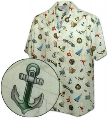 Мужская хлопковая гавайская рубашка (гавайка) производства США в цвете слоновой кости с якорями Island Nautical Pacific Legend Men's Tropical Shirts, фото