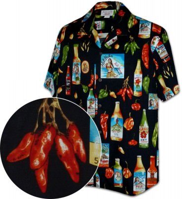 Мужская хлопковая гавайская рубашка (гавайка) производства США в черном цвете с бутылками острого соуса Chili Hot Sauce Men's Tropical Shirts, фото