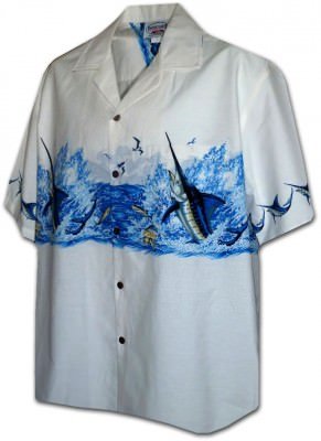 Белая мужская гавайская рубашка с кокосовыми пуговицами и изображением рыбы-меч Pacific Legend Men's Border Hawaiian Shirts - 440-3747 White, фото