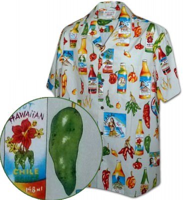 Мужская хлопковая гавайская рубашка (гавайка) производства США в кремовом цвете с бутылками острого соуса Chili Hot Sauce Men's Tropical Shirts, фото