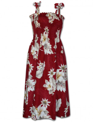 Красный гавайский сарафан с кремовыми цветами китайской розы Pacific Legend Tube Dress 332-3162 Red, фото