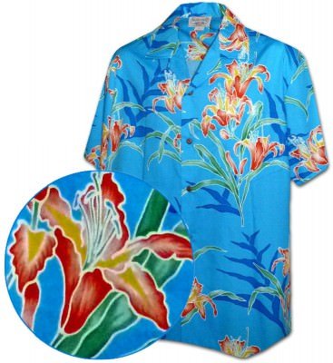 Голубая мужская хлопковая гавайская рубашка (гавайка) производства США с оранжевыми лилиями Tropical Lily Men's Tropical Shirts, фото