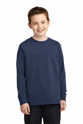 Детская темно-синяя американская хлопковая футболка с длинным рукавом Port & Company® Youth Long Sleeve Core Cotton Tee Navy, фото